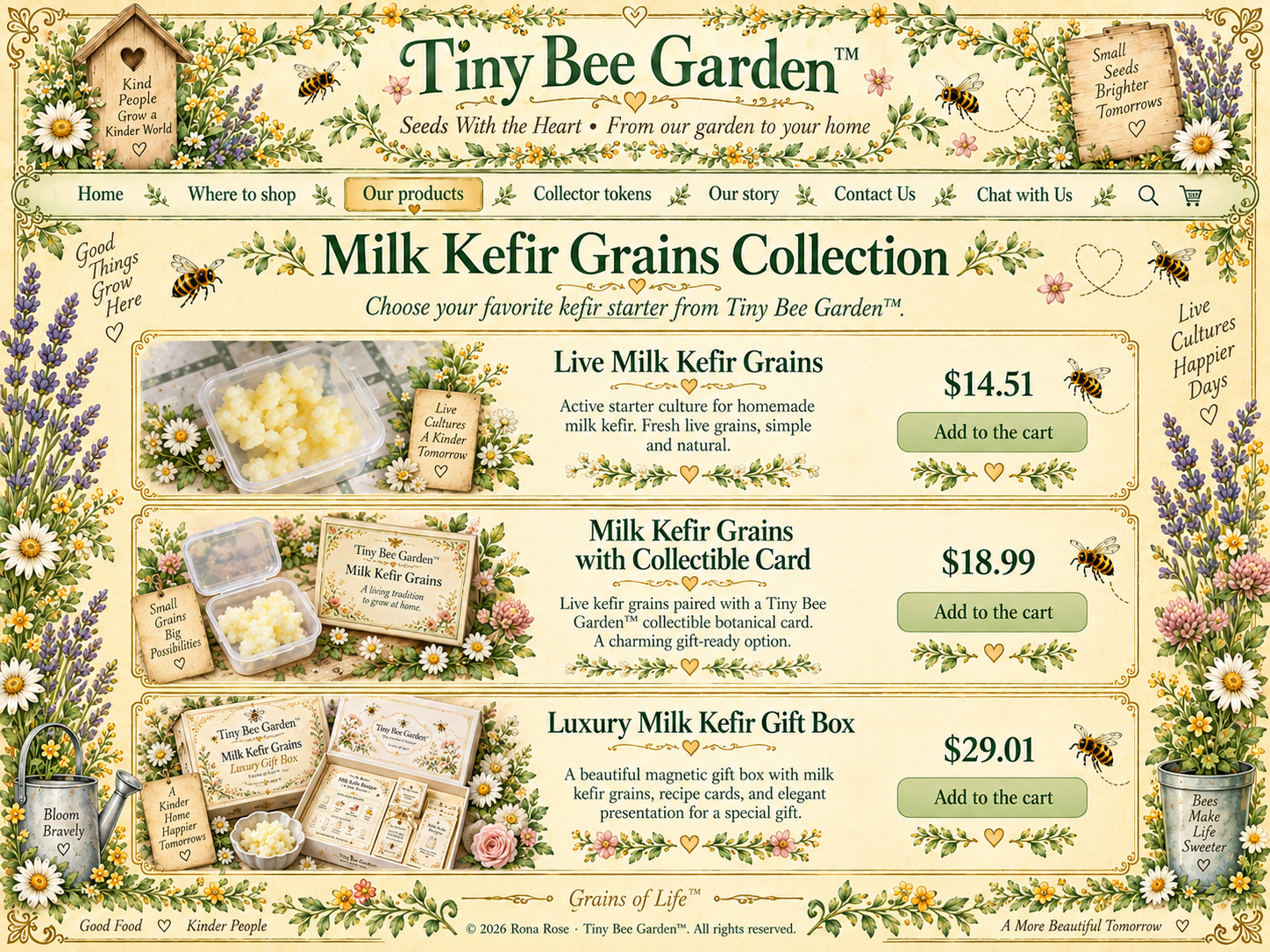 Tiny Bee Garden Milk Kefir Grains Collection with three products: Live Milk Kefir Grains, Milk Kefir Grains with Collectible Card, and Luxury Milk Kefir Gift Box.