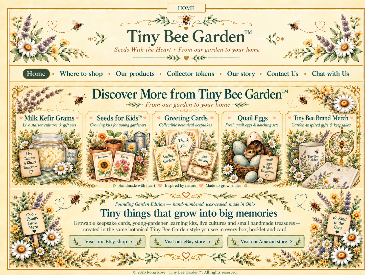 Tiny Bee Garden home page with five product categories: Milk Kefir Grains, Seeds for Kids, Greeting Cards, Quail Eggs, and Tiny Bee Brand Merch.