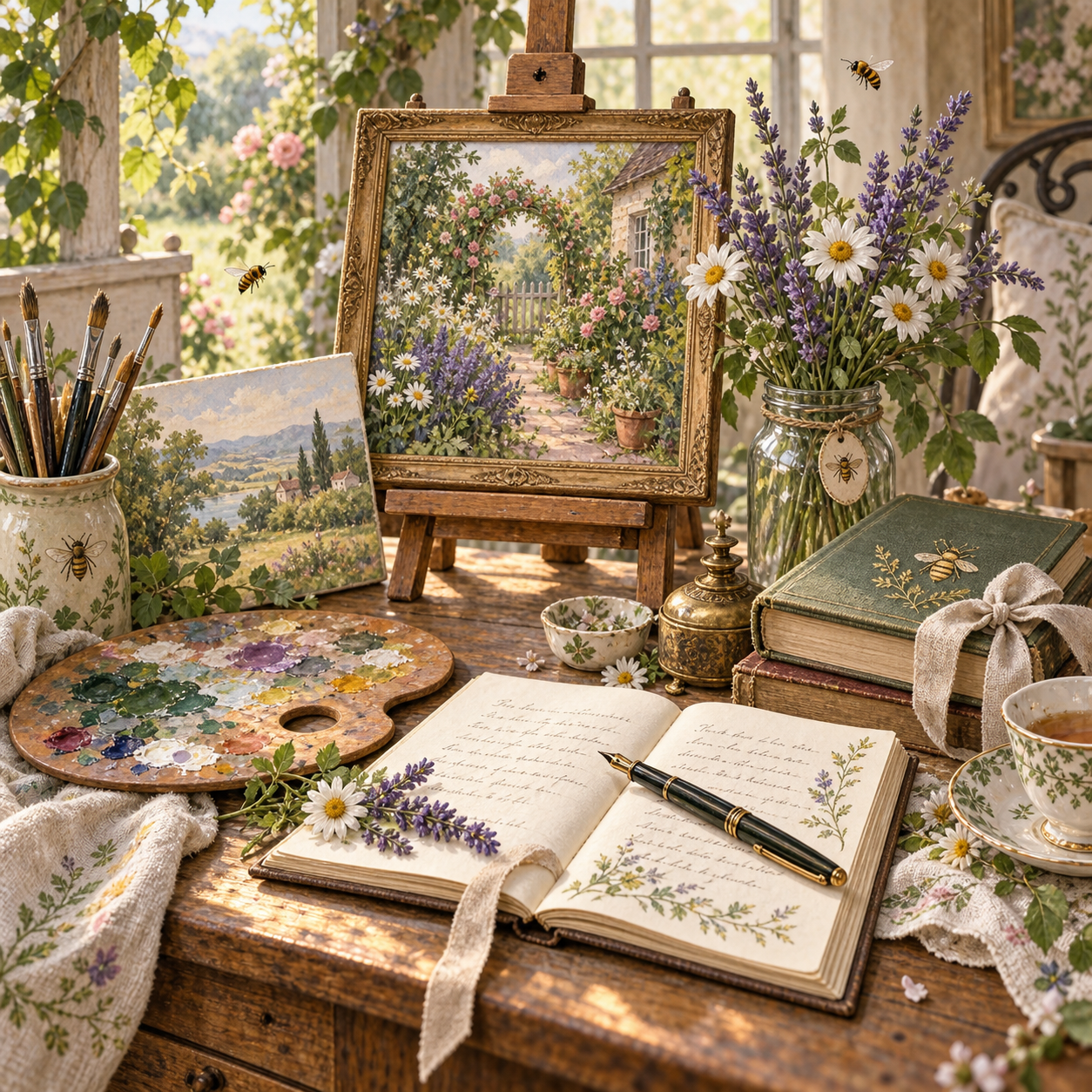 Paintings, artist brushes and a poetry manuscript in a floral garden studio