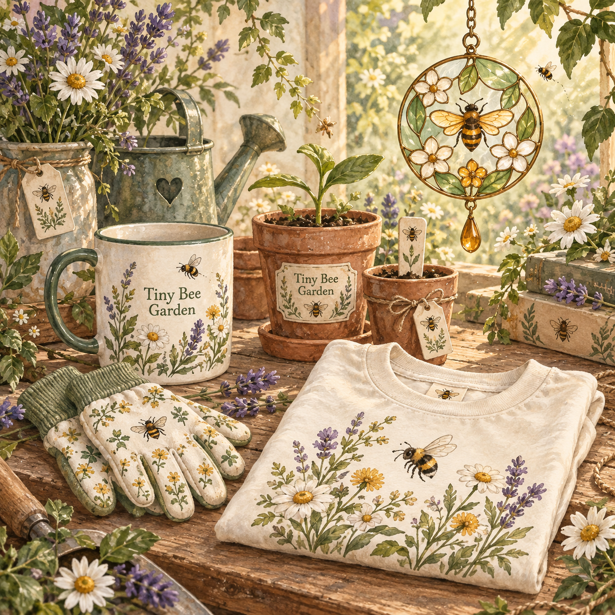 Tiny Bee Garden branded pots, mug, gloves, T-shirt and suncatcher